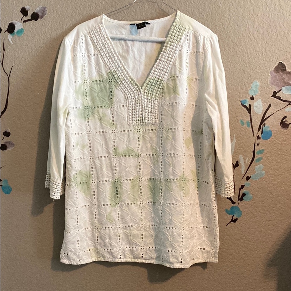 Ali Miles green cotton tie dye eyelet vneck top XL